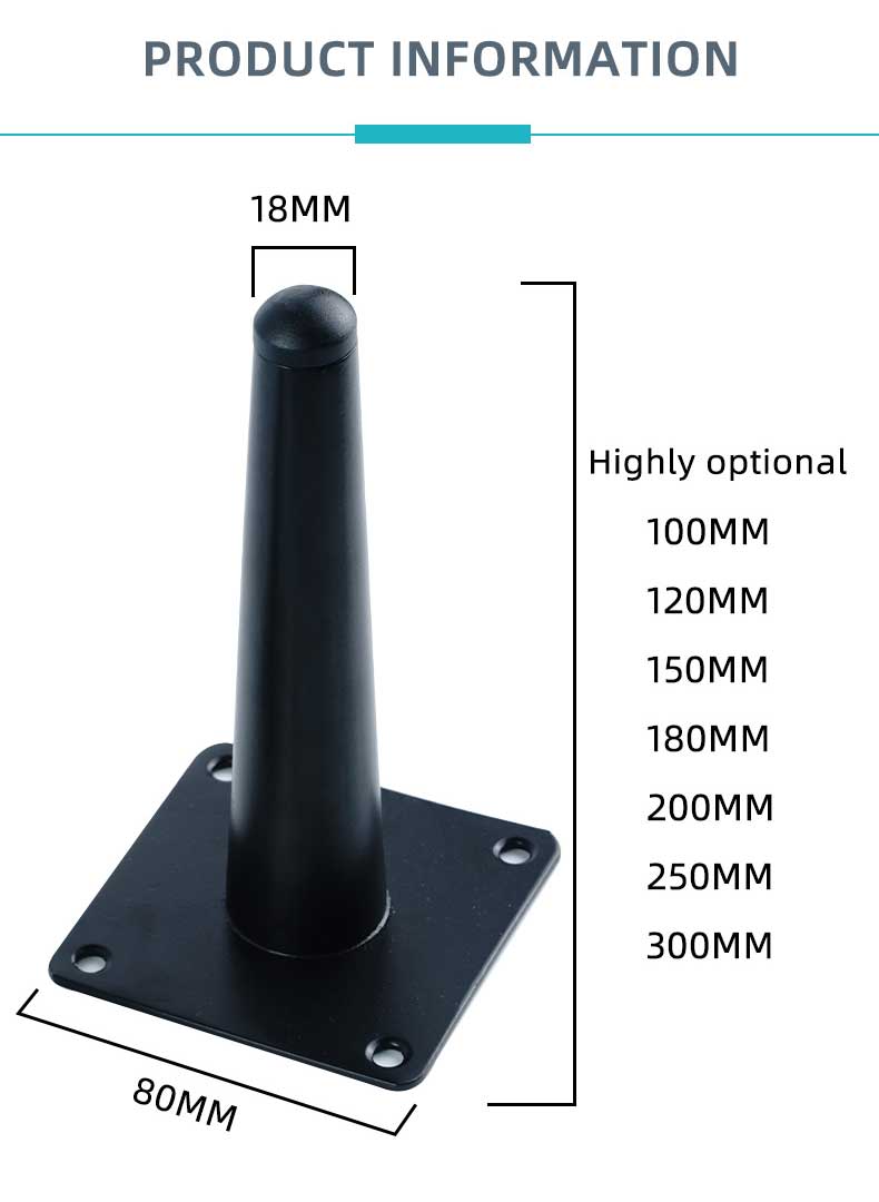 Iron Adjustable Conical Shaped Furniture Legs 6 Inches Black Powder Coated for Sofa Bed & Dining with 10mm Adjustment